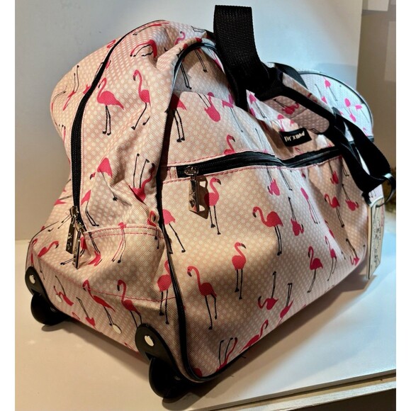 Betsey Johnson Pink Flamingo Weekender Bag 22" Rolling Duffle Luggage - Picture 3 of 10